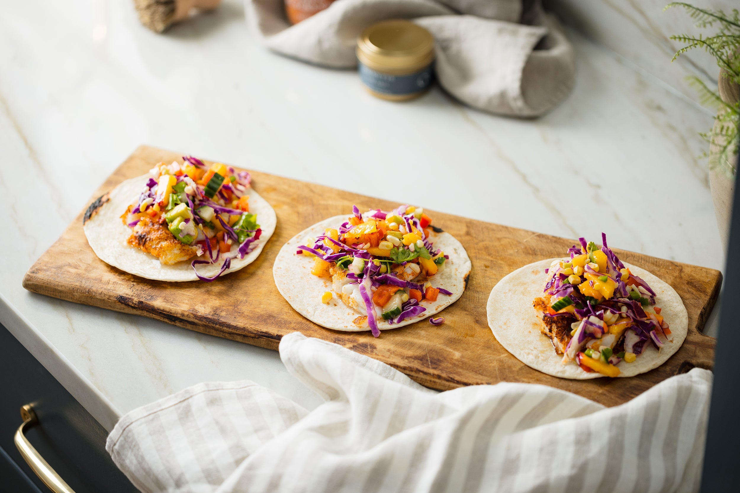 Blackened Fish Tacos with Corn-Peach Salsa