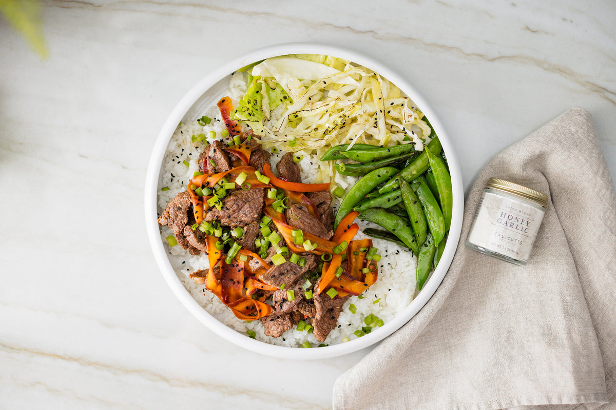 Honey Garlic Beef and Charred Cabbage Rice Bowl
