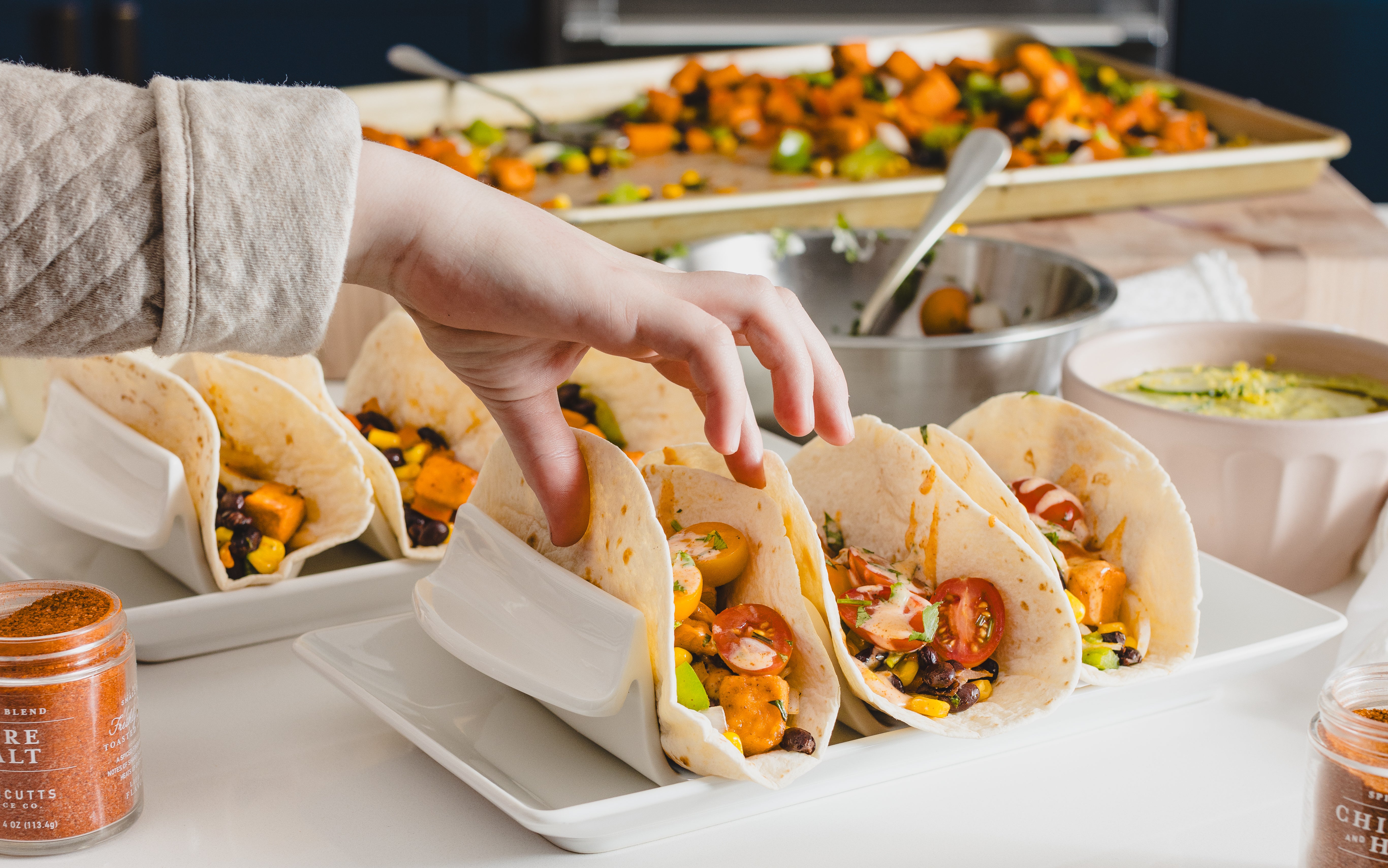 Roasted Veggie Tacos with Chipotle Honey Mayo